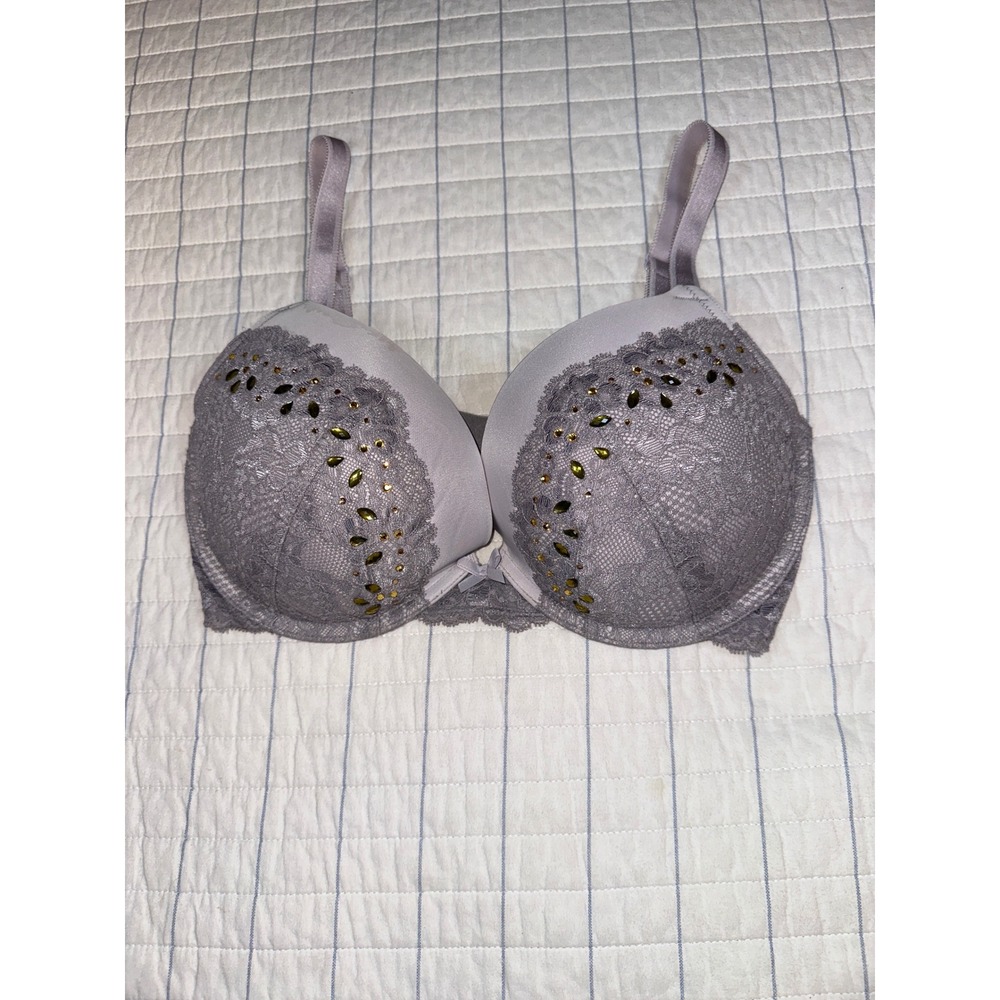 Victorias Secret Dream‎ Angels Push-Up Bra 34DDD Lavender Grey Lace Rhinestone
